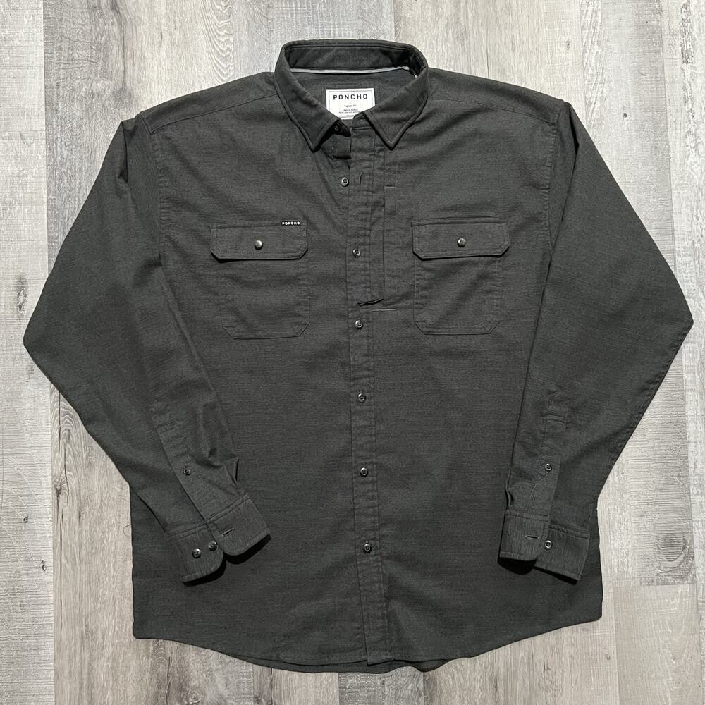 Poncho Shirt Mens Large Dark Gray Solid Magnetic 3 Pocket Stretch Button Up